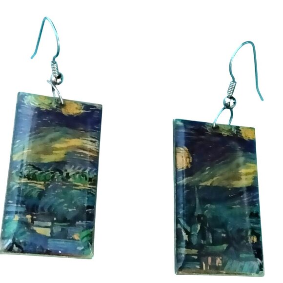 Van Gogh Starry Night Rectangle Earrings Pierced Hook - Picture 3 of 9